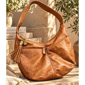 Brown Leather Hobo Bag Cabin Creek Embossed Paisley Floral Tassel Boho Y2K